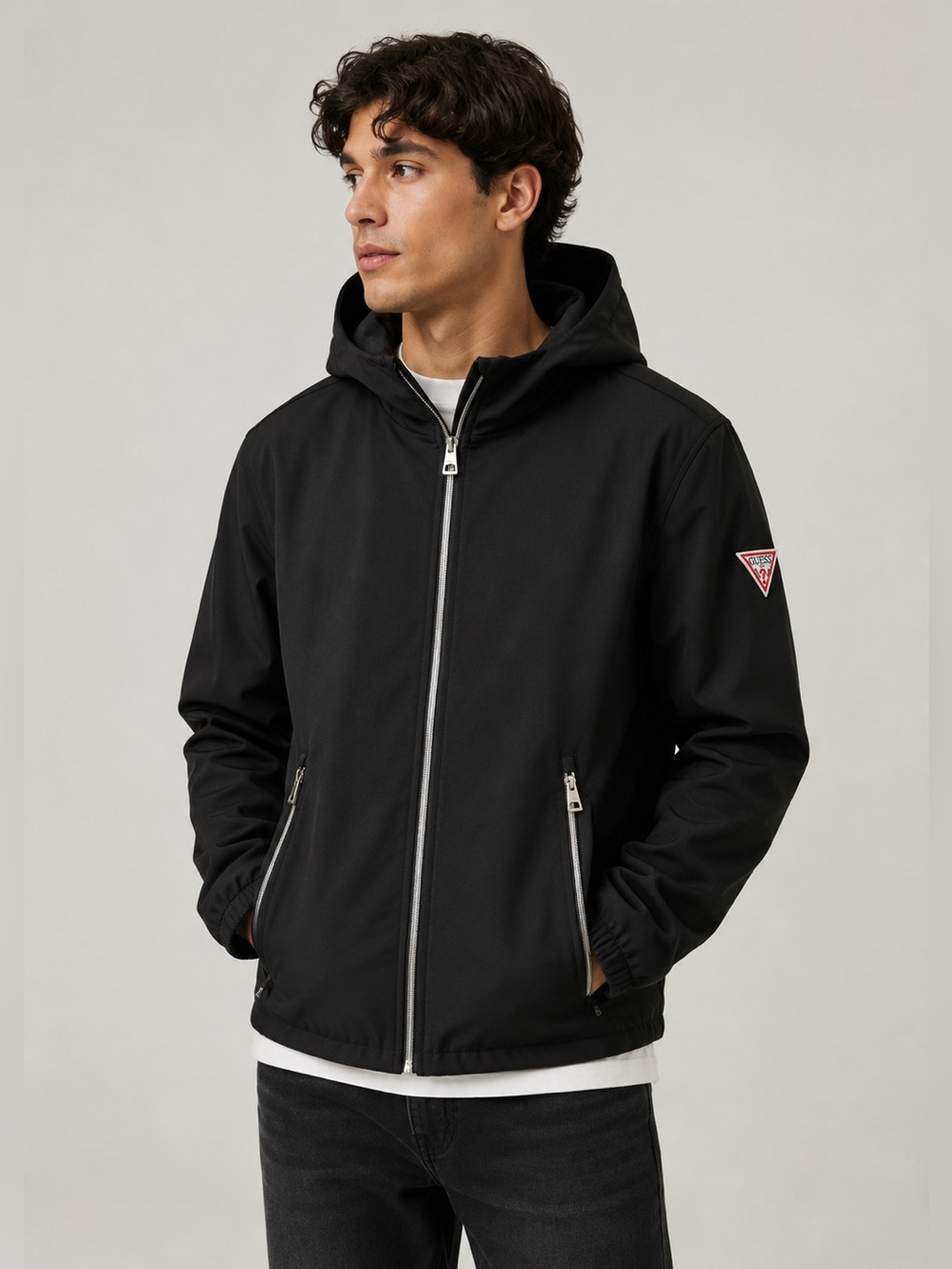 Guess Men’s Large Black Softshell Hooded Jacket Fleece Lined Full Zip